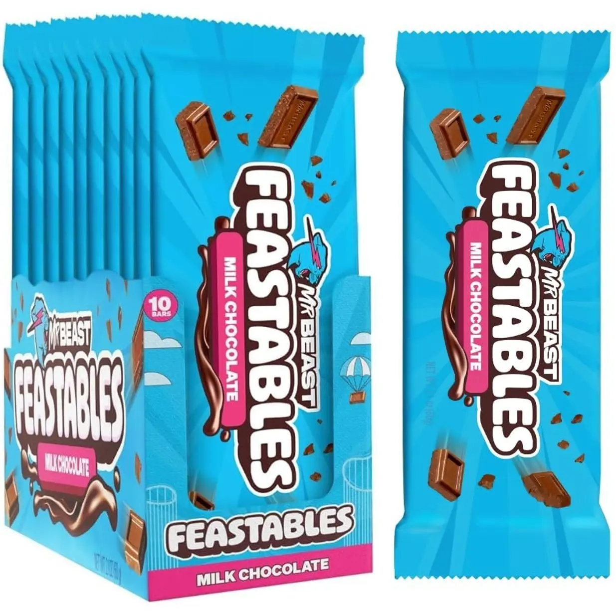 MrBeast Feastables Caramel Chocolate Bar, King Size, 10 Count, Smooth Caramel Filled Chocolate Candy, Fairtrade Cocoa, 2.1oz Each