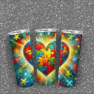 Autism Heart With Puzzle Pieces 20oz Tumbler - Colorful Design, Reusable Drinkware, Ideal for Daily Use