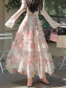 French Romantic Spring Summer New Irregular Mesh Floral Dress, High-Quality A-Line Loose Skirt, Elastic Waist Layered Long Cake Skirt