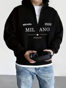 Men's Letter Print Half-Zip Hoodie, Fitted Casual Sweatshirt with Zip Design, Fall & Winter Fashion Daily Wear