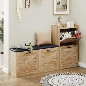 Shoe Storage Cabinet Organizer with Shoe Bench, Framhouse Shoe Cabinet with 4 Flip Drawers & Padded Seat Cushion, Entryway Shoe Storage Bench for Hallway, Living Room