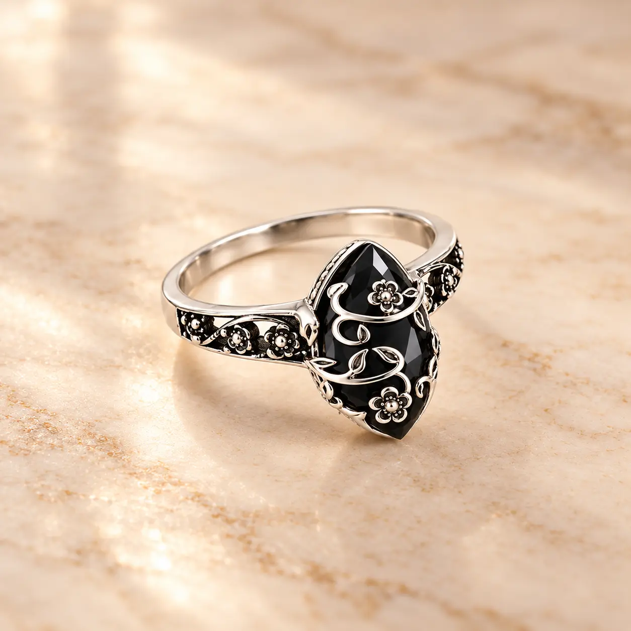Women's Black Obsidian Ring - Vintage Floral Design, Elegant Crystal Statement Jewelry for Daily Wear, Birthday Gift