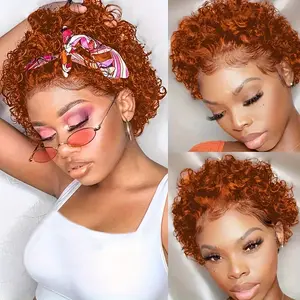 2025 NEW Wholesale Ginger 350 Short Curly Human Hair Wigs Pixie Cut Curly Lace Front Human Hair Wigs For Women 6 Inch 13x1 Transparent Lace Frontal Wigs Water Wave Dark Rooted To Ginger Orange Color