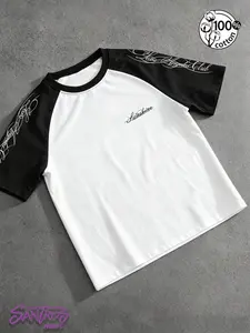 Unisex 100% Cotton Black and White Raglan Sleeve T-Shirt with Cursive Text Print West Coast American Streetwear Top