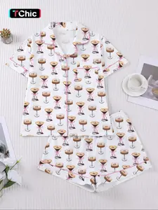 Women's Short Sleeve Sleepwear Pajama Set, Elegant Bow Design, Comfortable Lapel Top & Wide Leg Elastic Shorts, Casual Home Wear Loungewear