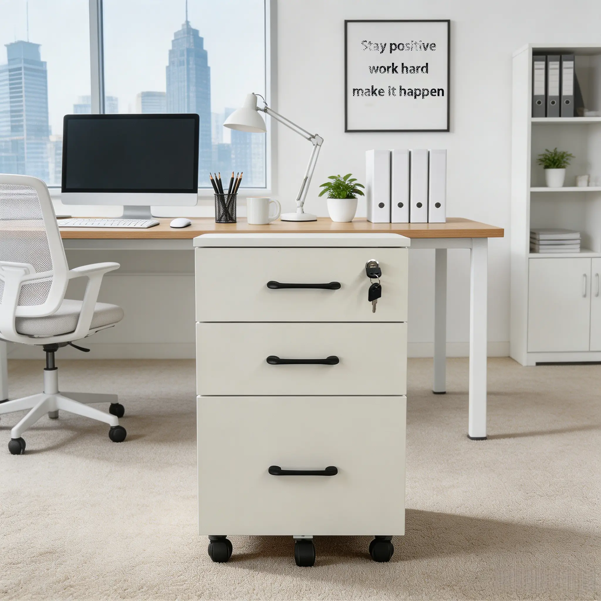 Black 3-Drawer Lockable Rectangular Modern Office Furniture File Cabinet - Top-Grade Wood, Rolling Wheels, Mobile Storage, Easy Install, Letter/A4 Size Fit, Under Desk Printer Stand for Home Office