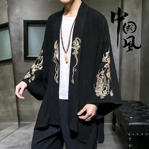 Chinese style crane embroidered long robe men's cardigan large size loose autumn new Japanese kimono casual personalized jacket