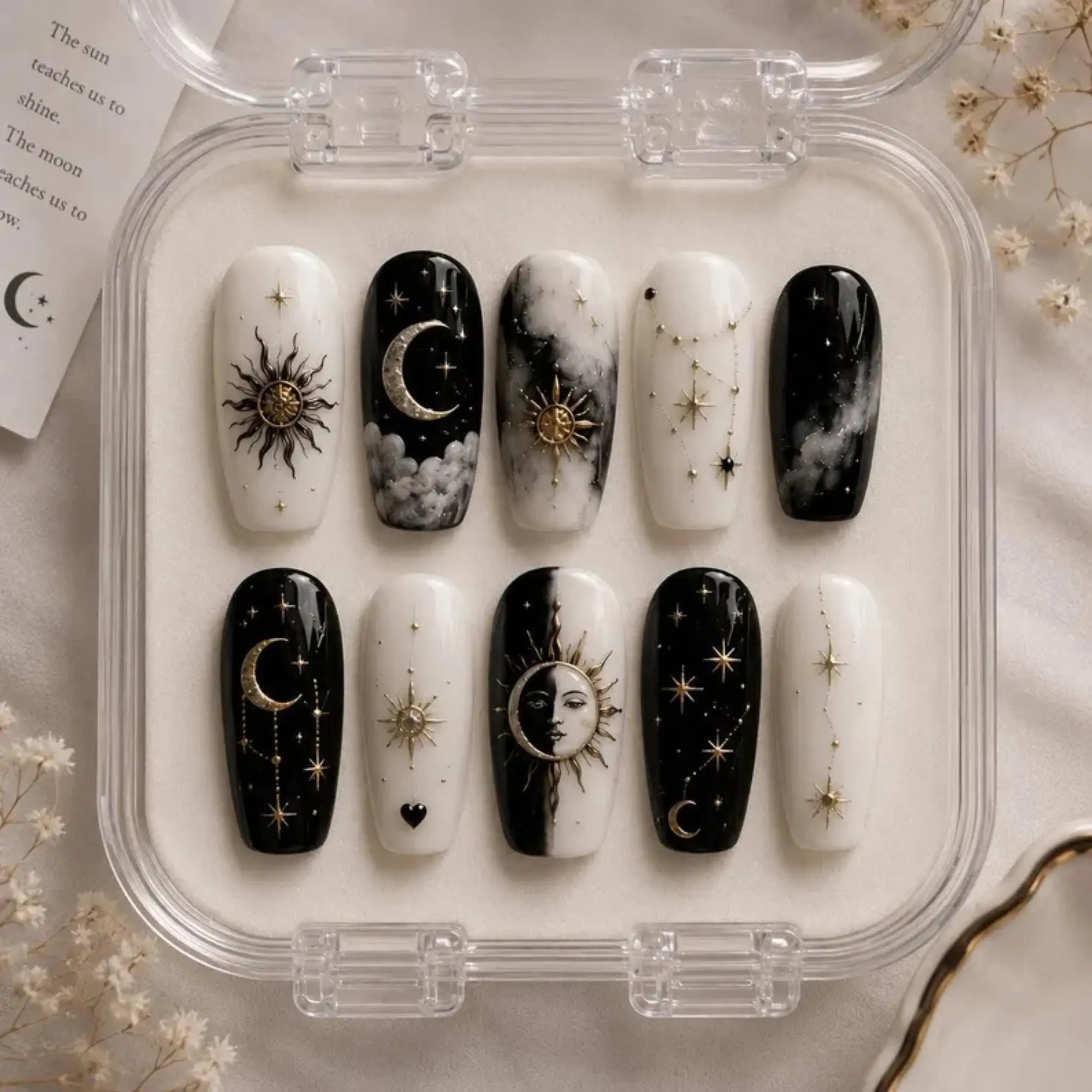 Celestial Sun Moon Press On Nails | Black White Star Nails | Cosmic Goth Nails | Astrology Nail Set | Moon Phase Nails