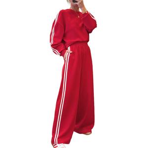 Mntaor Womens Two Piece Outfits 2025: Varsity Inspired Striped Soft Crewneck Pullover & Elastic Waist Sweatpants - Casual Winteroutfit Street Style Cozy Set,winteroutfit