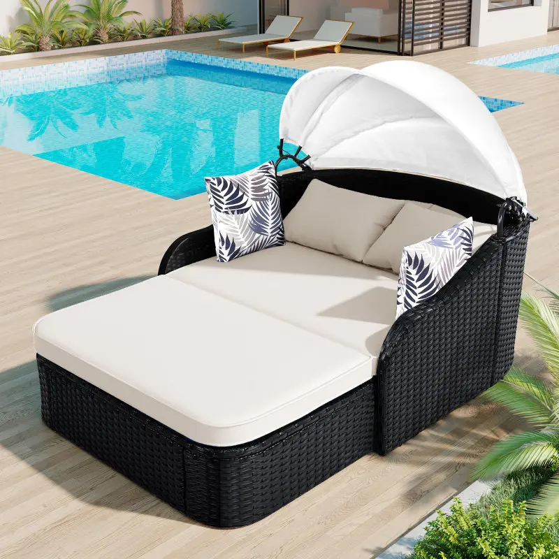 [SOIYELIFE]  79.9" Outdoor Sunbed with Adjustable Canopy, Double lounge, PE Rattan Daybed, Black Wicker and Beige Cushion