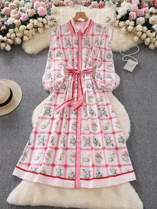 Casual Linen Long Dress with Long Sleeve, Feminine Floral Bow Tie, Open Front Design, Comfortable Summer Wear, Women's Fashion Clothing