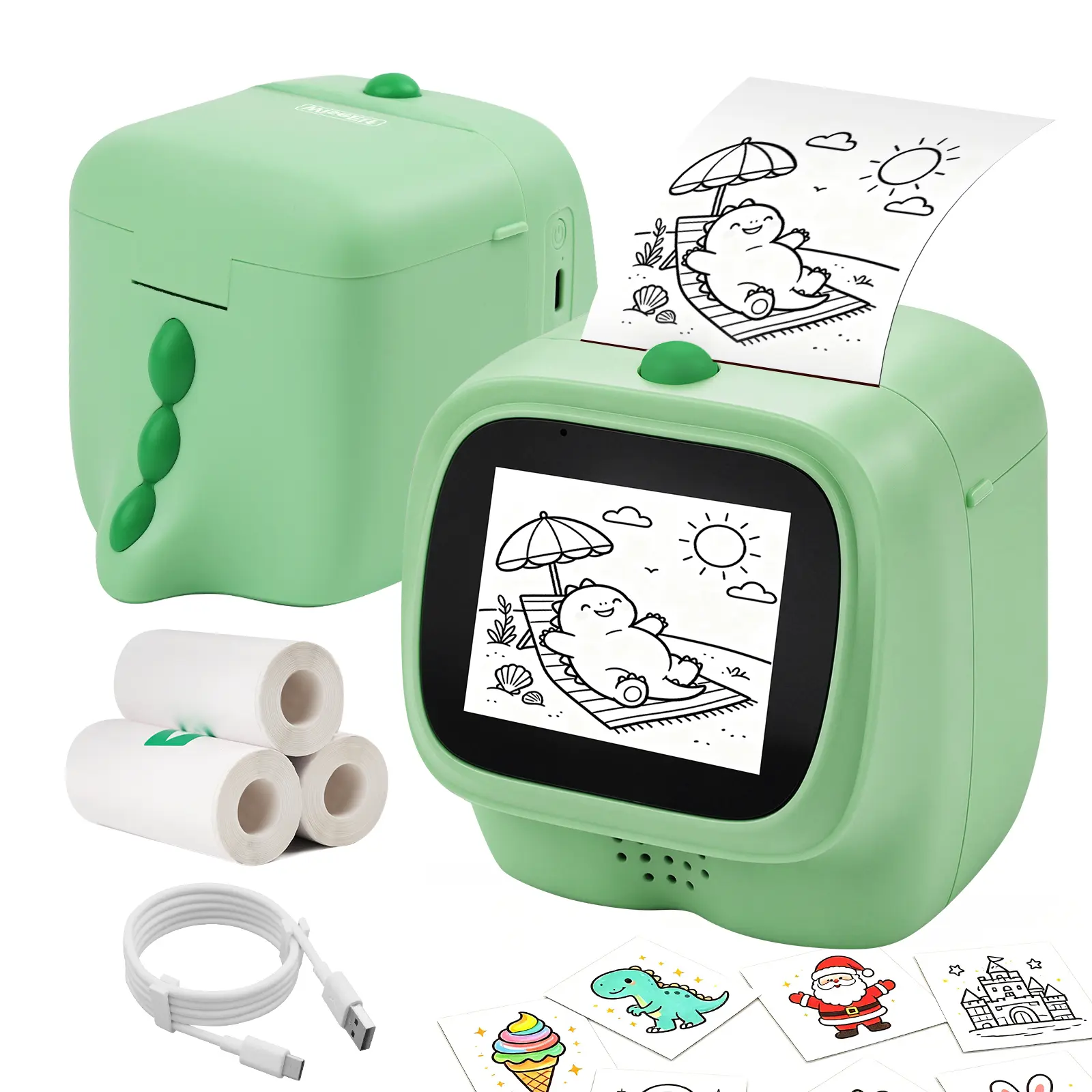 [AI Powered] Mini Cube Dinosaur Mini Thermal Printer for Kids - Voice Activated Inkless, Wi-Fi Enabled, Cells Supported, with 4 Thermal Printer Paper Rolls, 6 Art Modes, Portable DIY Craft Tech Toy Gift