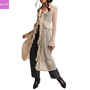 Women Tie Front Cardigan Casual Lightweight Floral Lace Ruffles Long Duster for Streetwear Aesthetic Clothes