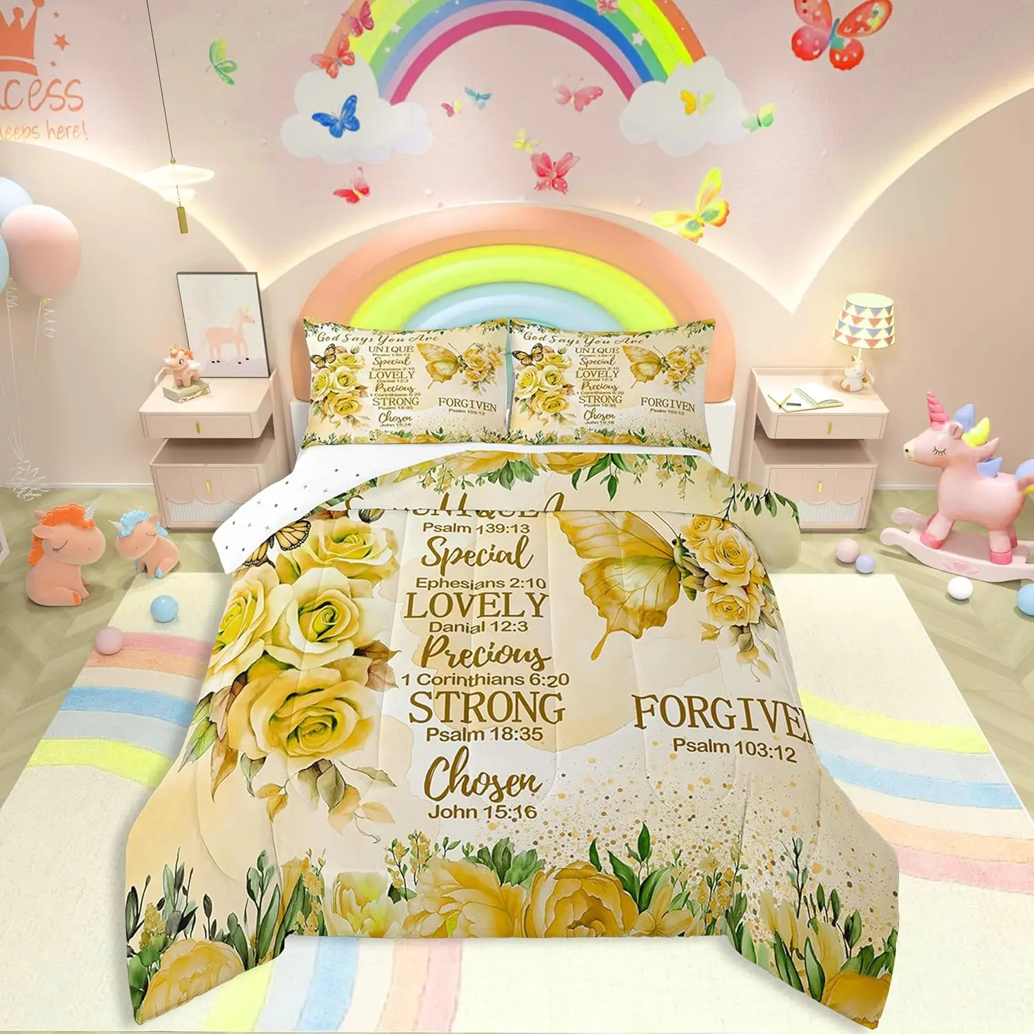 Feelyou Multi-Size Boho Butterfly Print Bedding Set - Flower Quilt with Inspirational Quotes, Lemon Yellow Rose Floral Design, Chic Comforter Insert for King/Queen Boho Bedrooms, Flower Quilt Set, Travel-Friendly