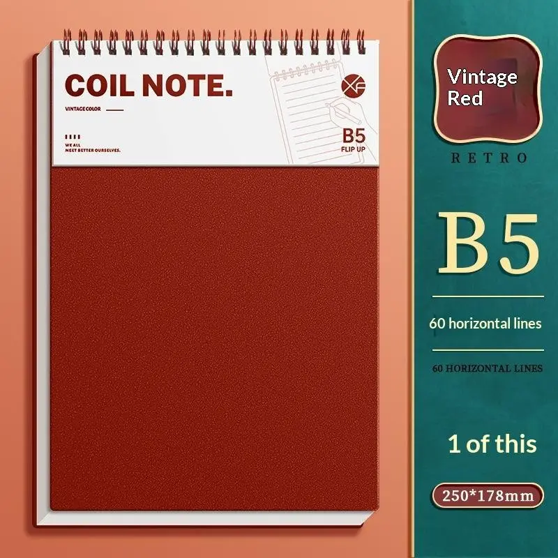 Vintage Style B5 Coiled Notebook, Thick Horizontal Lines, Lined Notepad, Flip-Up Coil, Multiple Colors Available, Student Stationary, Suitable for Elementary School, University, Exam Prep