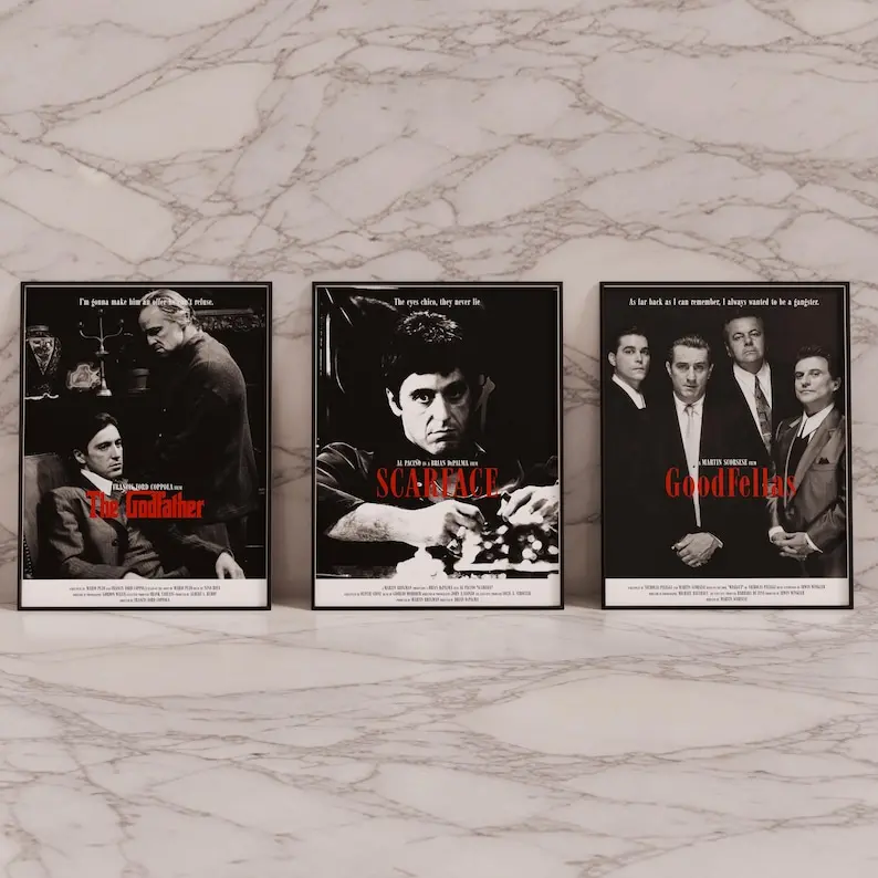 Crime Movie Trilogy Poster Set, Scarface Goodfellas Godfather Wall Art, Vintage Mafia Gangster Prints