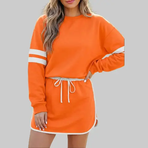 Women Orange Varsity Striped Two Piece Skort Set, Drop Shoulder Long Sleeve Sweatshirt & Drawstring Mini Skort, 65% Polyester 35% Cotton Soft Preppy Sporty Loungewear Outfit, Oversized Baggy Athletic Matching Tracksuit Daily Streetwear