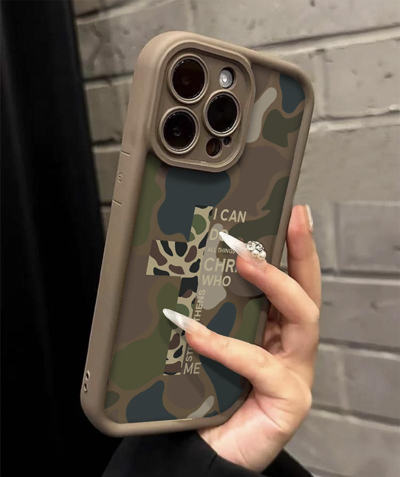 Camouflage Pattern With Cross Phone Case Iconic Christian Faith Artwork Featuring A Thickened Soft Tpu Back And Raised Camera Step Design Blending Cloud-Like Comfort With Reliable Lens Protection For iPhone 17 16 15 14 13 12 11 X XS