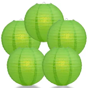5-PACK 6" Grass Greenery Round Paper Lantern, Parallel Ribbing, Chinese Hanging Wedding & Party Decoration