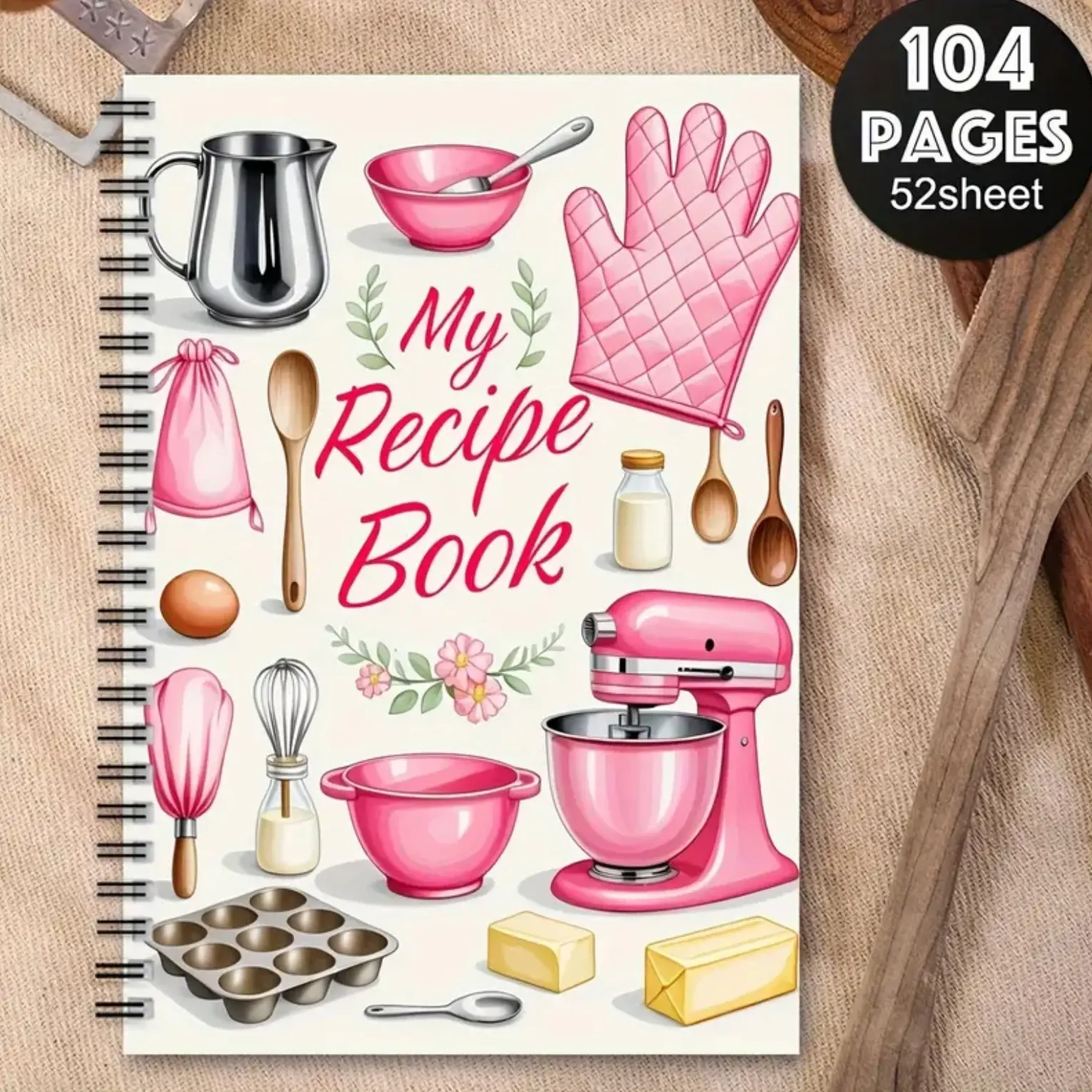 Durable Spiral Recipe Notebook with ‘My Cookbook’ Design and Kitchen Tools Illustrations, Blank Pages for Recipes and Notes, Spiral Bound Notepad, Blank Paper Notebook, Blank Paper Journal, Gift for Holidays