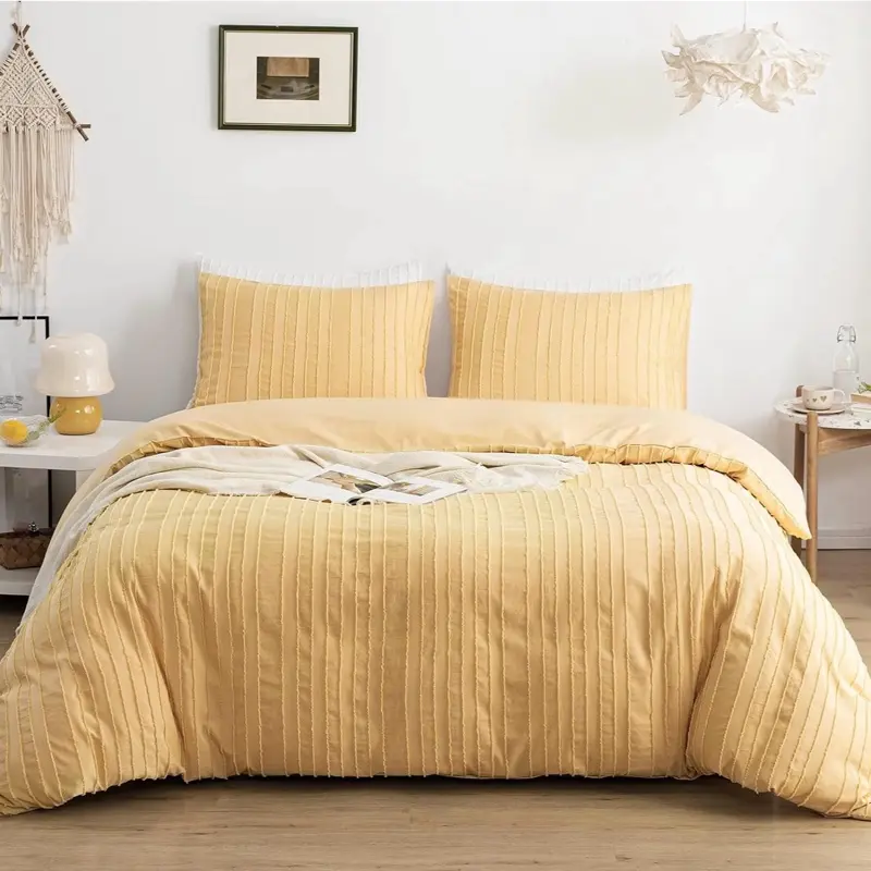WARMDERN Yellow Boho Duvet Cover Set King Size, Striped Textured Duvet Cover Tufted Bedding Set, 3 Pcs Ultra Soft Washed Microfiber Duvet Cover with Zipper Closure (King, Yellow)