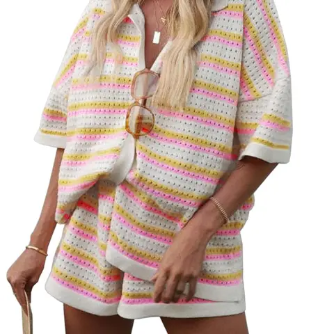 Tankaneo Womens Striped Pajama Sets Short Sleeve Color Block Crochet Knit Button Top and Shorts 2 Piece Summer Sets