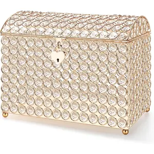Wedding Card Box with Heart Lock 11in Wedding  Box Treasure Chest  Bead Card Receiving Memory Storage for Reception Brithday Graduation  Shower Party (Elegant Style)