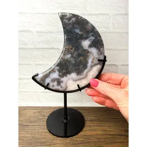 Moss Agate Crystal Carved Moon on Stand – Natural Stone #78