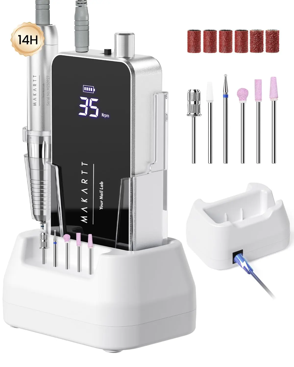 Nail Drill Professional, 35,000RPM Electric Nail File for Acrylic & Gel Removal, 60W Coreless Motor, 2-in-1 Desktop & Portable, LCD Display, Rechargeable, Quiet, F&R, Nouvella Black