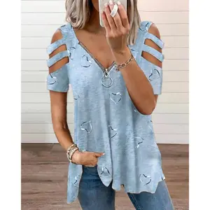 2024 European and American V-neck Zipper Printed Short Sleeve Loose T-shirt Women's Top Cotton Fabric