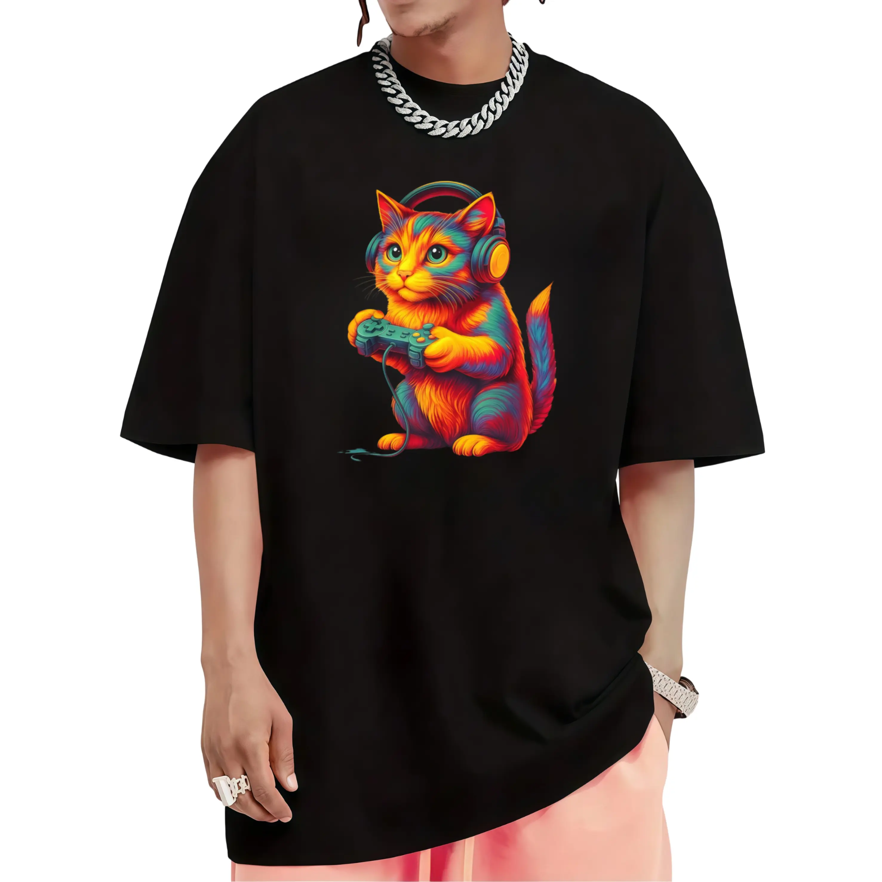 Gamer Cat Video Games Teen Men Funny Gift Gaming TShirtRetro Casual Crew Neck Printed T-Shirt