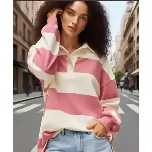 Y2k Women Striped Rugby Polo Shirt Long Sleeve Collared Oversized Vneck Sweatshirt Vintage Jersey Girls Streetwear