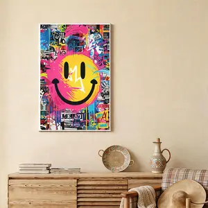 Ready to Hang Framed Canvas Wall Art, Graffiti Smiley Face Street Art Painting, Pop Art Sticker Bomb Aesthetic Poster, Vibrant Urban Drip Modern Home Decor for Teens Room and Studio, 1pc