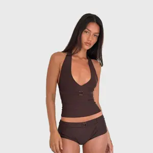 Women's Summer Tankini Swimsuit Set Fashionable Solid Color Halter Tops with Micro Shorts 2Pcs Bathing Suit