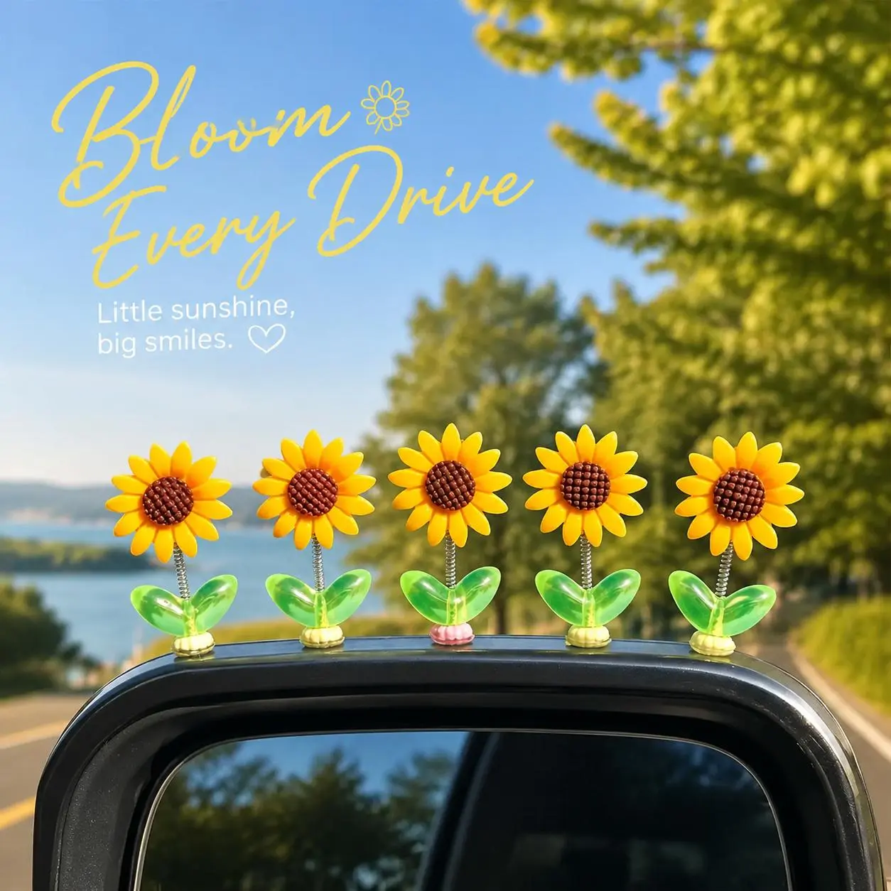 Set of 5 adorable car dashboard ornaments with sunflowers — interior accessory with a shaking head for the center console; car accessories gift (car items, Father’s Day and graduation gifts).