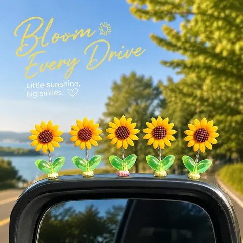 5-Piece Vivid Sunflower Resin Car Interior Decorative Set - 5cm Oscillating Dashboard Ornament, Automotive Decorative Accessories, Center Console Auto Accessory, Ideal Father’s Day Gift