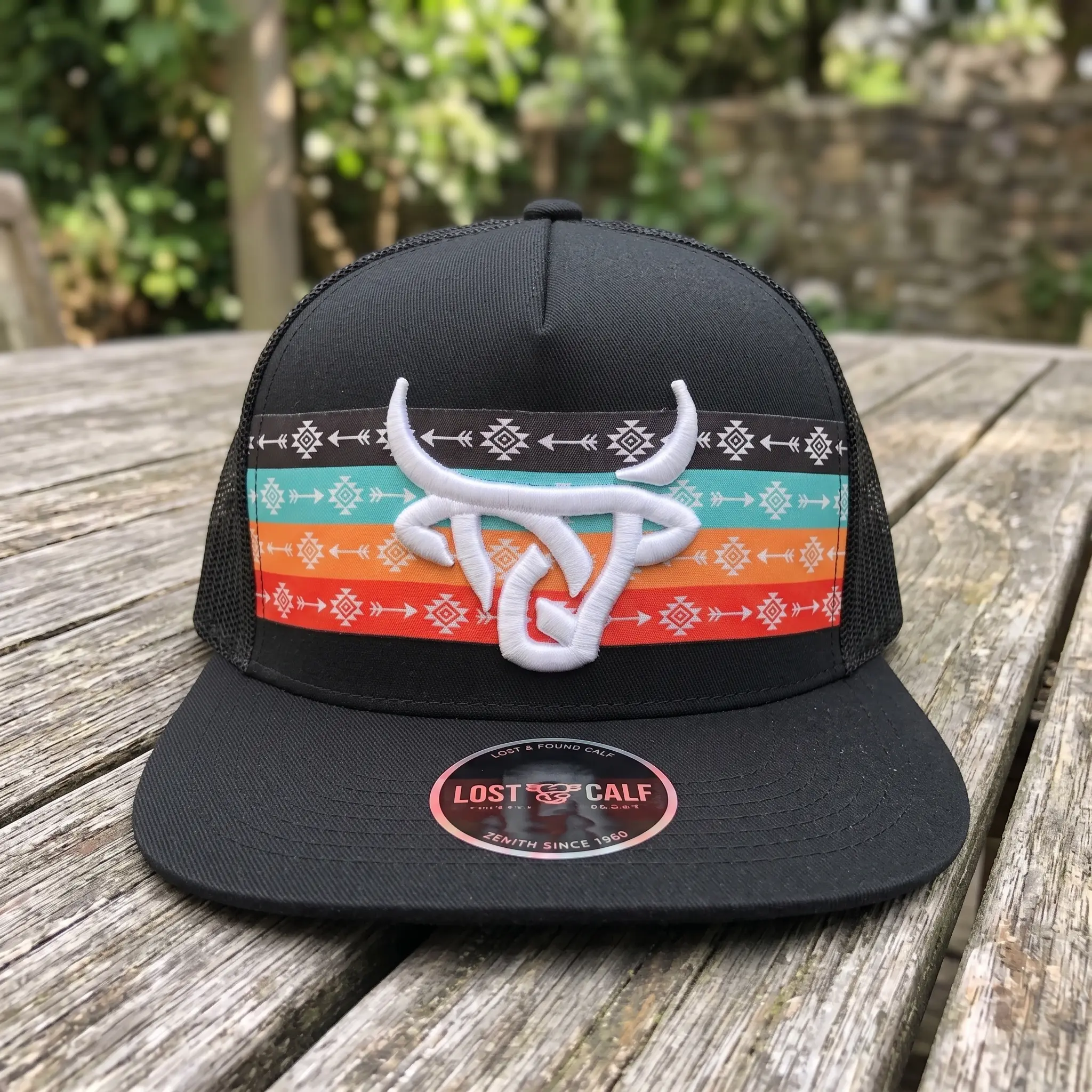 Lost Calf Bull Skull Aztec Embroidered Trucker Hat Western Cowboy Snapback Cap