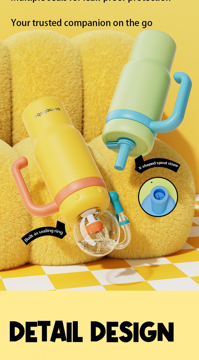 【COMOBEBE】24oz Stainless Steel Whale Fountain Tumbler – Spill-Proof, Dual Lids, Durable Handle, Dishwasher Safe, Cute and Fun for Kids & Adults