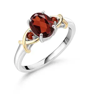 Gem Stone King 1.60 Cttw Red Garnet 3-Stone Ring For Women | 925 Silver and 10K Yellow Gold | Oval 8X6MM | Gemstone Birthstone | Three Stone Wedding Engagement Anniversary Ring For Women
