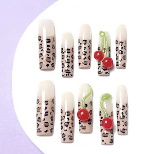 Handmade Press On Nails Kit Extra Long Red Cherry Leopard Print  Party Rhinestone Embellished Sparkly Butterfly Decor 10Pcs