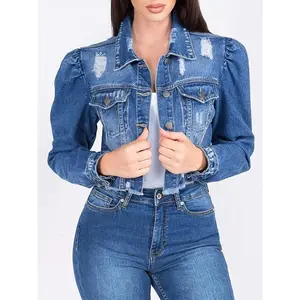 Chic Blue Denim Jacket with Puff Sleeves - Casual Distressed Crop Top, Rayon & Polyester Blend, Machine Washable, Perfect for Spring/Fall