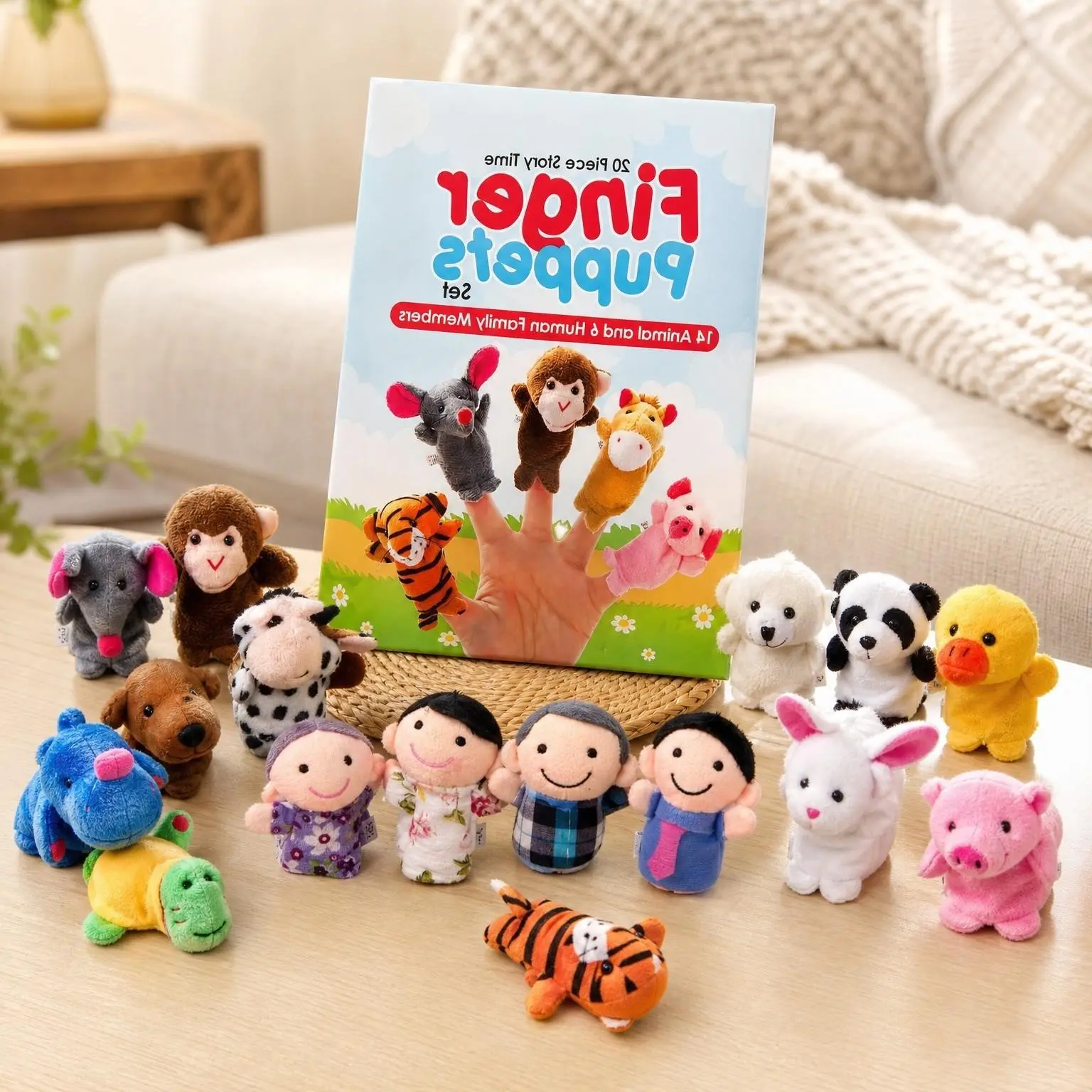 20-Piece Story Time Finger Puppets Set - Cloth Velvet Puppets, 14 Animals & 6 People Family Members for Interactive Storytelling & Imaginative Role Play