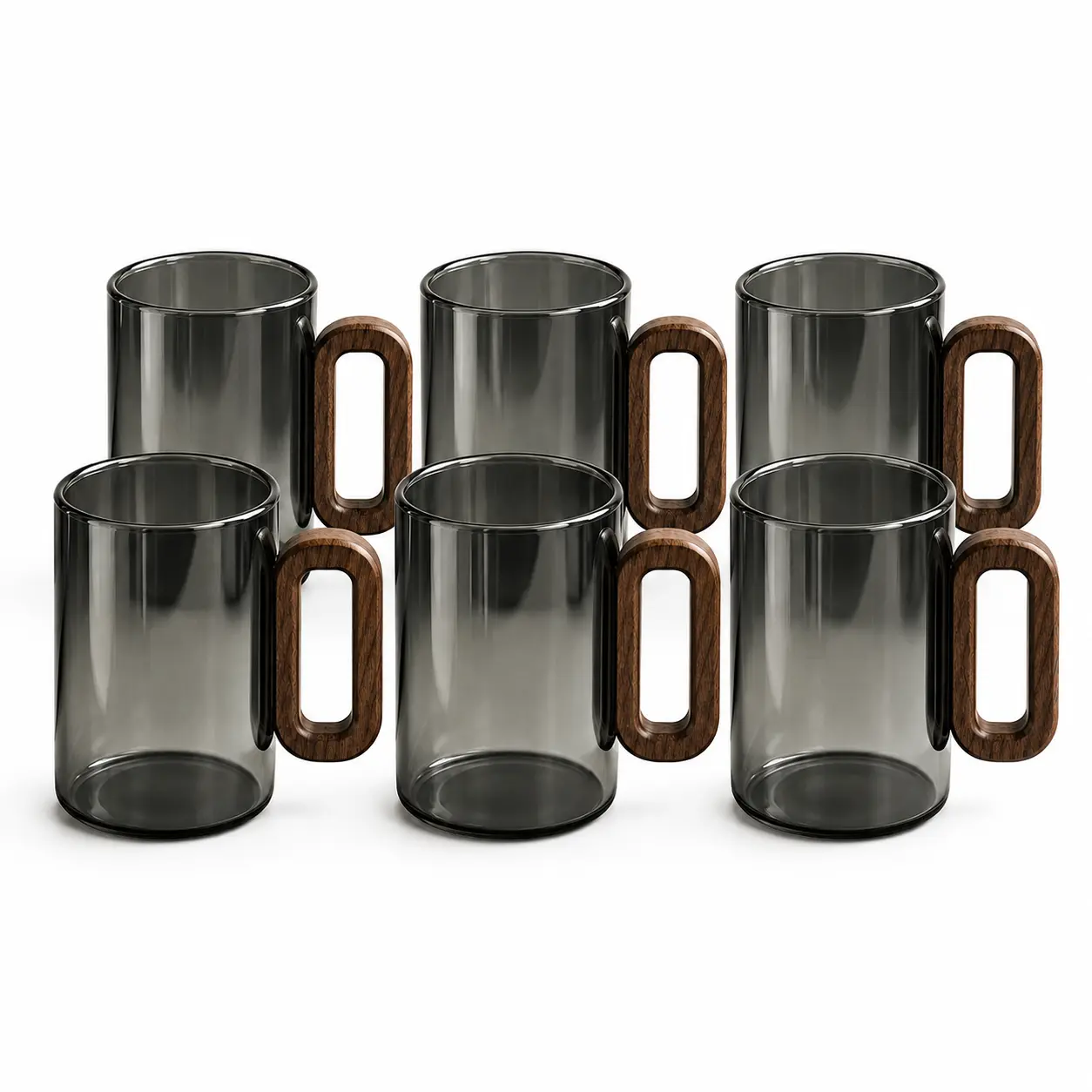 6-Piece Smoky Black Glass Coffee Mug Set with Wooden Handles, Transparent Drinking Cups for Coffee, Tea, Milk and Everyday Kitchen Use
