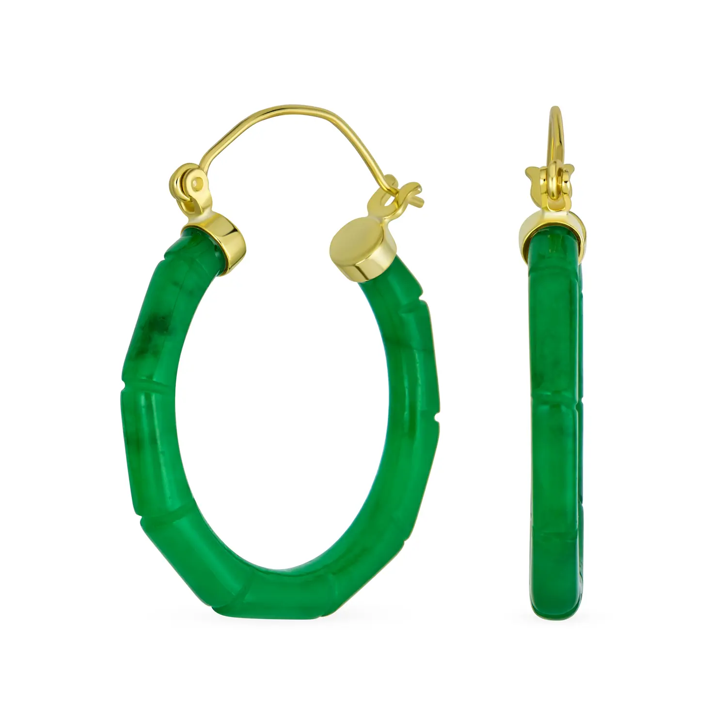 Elegant Green Jade Bamboo Hoop Earrings Gold Plated .925 Sterling Silver 1"