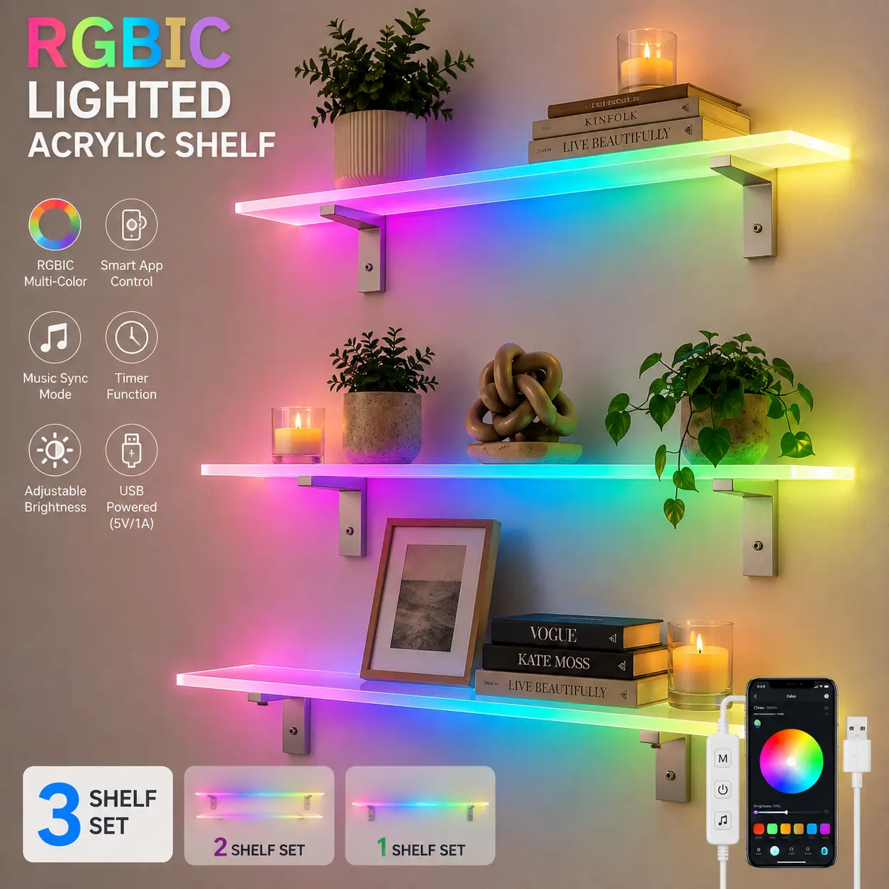 RGBIC Lighted Acrylic Wall Shelf, App Control & Music Sync LED Display Shelf for Bedroom, Living Room & Wall Decor, 1/2/3 Shelf Options Plain floating shelves