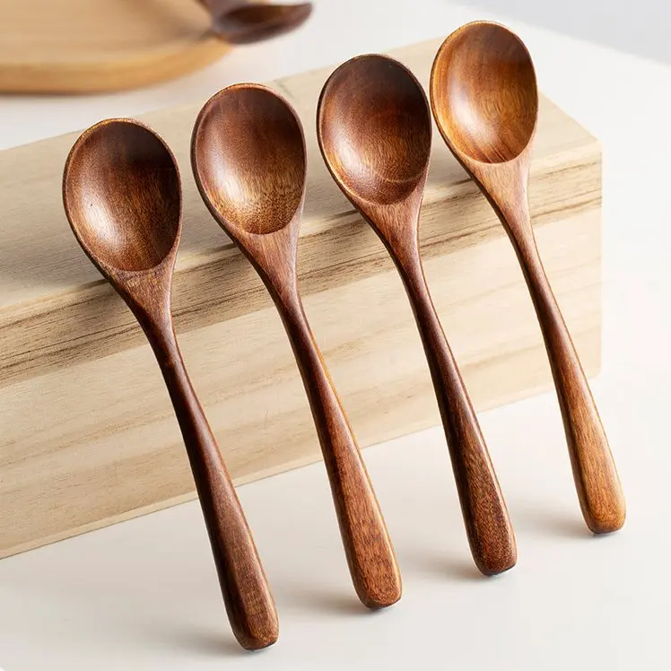 Natural Nanmu Wooden Spoon Set - 4 or 6 PCS Long Handle Sturdy Eco-Friendly Kitchen Cutlery & Tableware, Lightweight Serving Utensils for Family Daily Use (Slotted Heated-Use Tools, Teaspoons, Ladles)