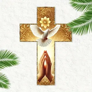 Vintage wooden cross hanging painting with pigeon and prayer hand (thickness 0.5cm, golden hook on the back), suitable for living rooms, homes, churches, offices, study rooms, religious mural decoration, unique home decoration Ornaments
