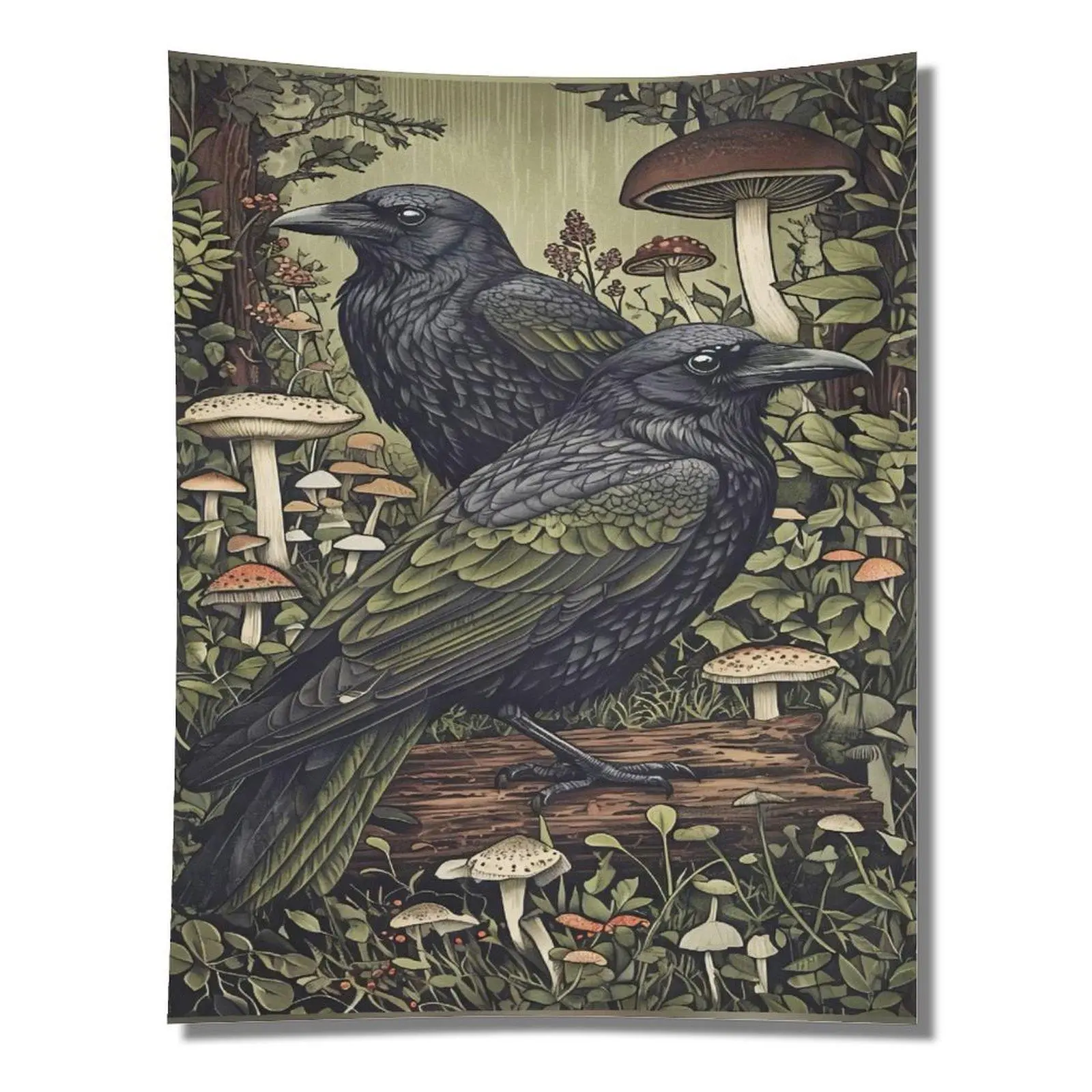 Vintage Forest Dark Crow Wild Mushroom Green Foliage Antique Woodcut Illustration Wall Tapestry Wall Hanging Dark Academia Witchy Goblincore Dorm Bedroom Decor