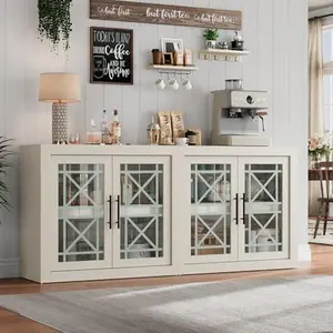 71" White Buffet Sideboard with Storage, Modern Tall Coffee Bar Cabinet with 4 Glass Doors, Large Kitchen Buffet Table for Dining Room, Living Room, Entryway