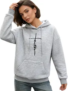 Women's Clothes Waffle Hoodie with Pockets, Jesus Cross Pattern Hooded Sweater,Knitted Fabric,Hooded Neck,Casual Long-sleeved Hooded Sweatshirts for Vacation Outfits